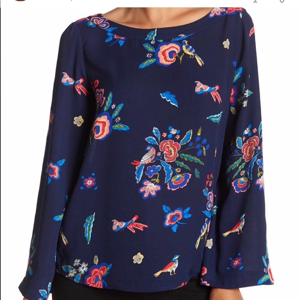 Blue Floral Bird Print Blouse